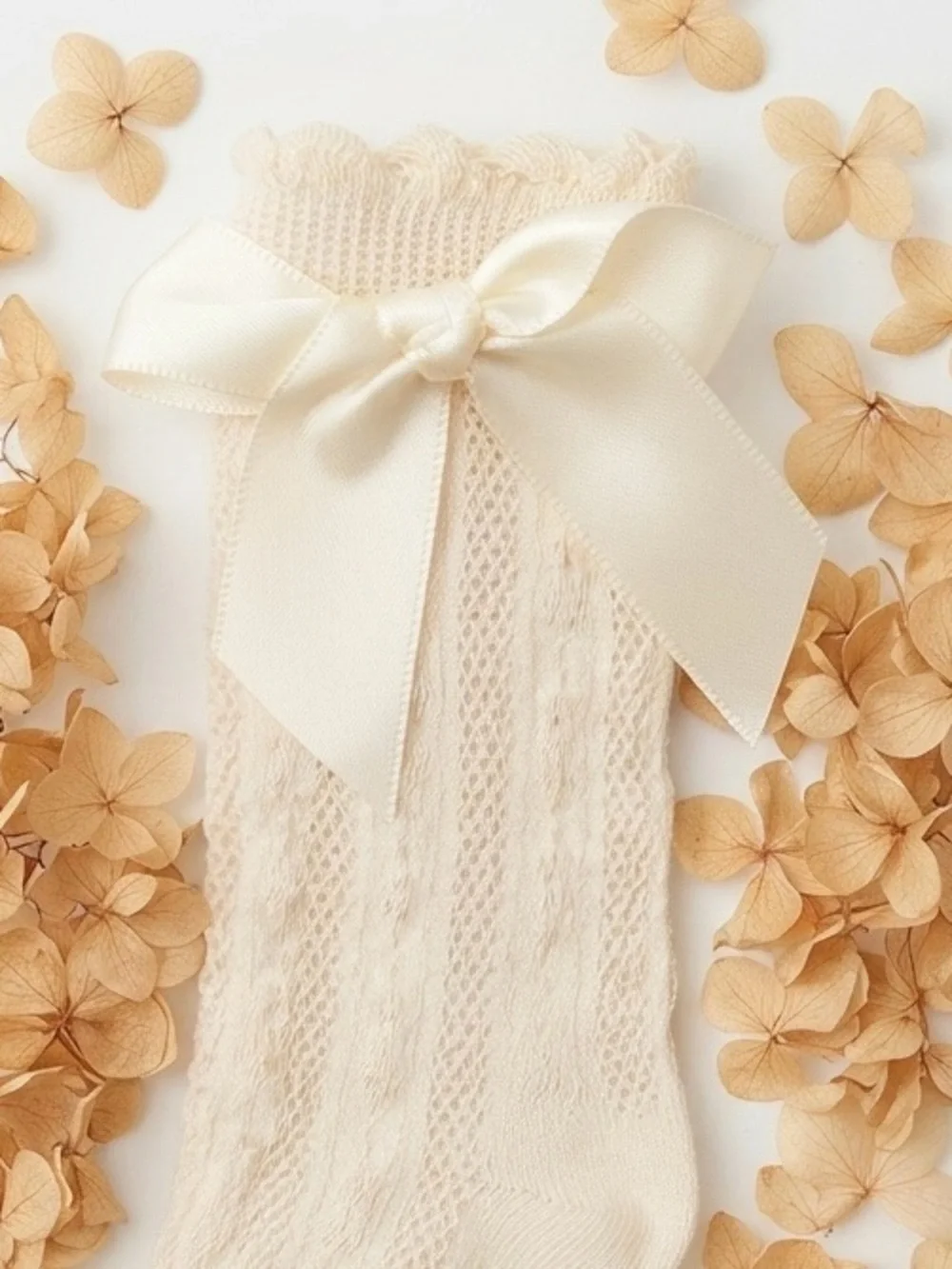 Cream Knit Toddler Socks with Satin Bows - Size 1-3 Years